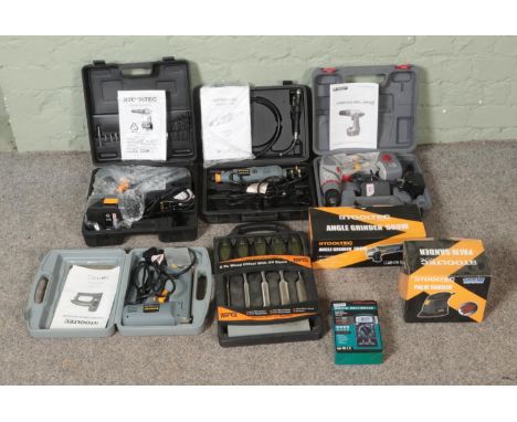 A collection of mostly Tooltec and Performance Power tools to include Hammer Drill, Rotary Tool Kit, Cordless Drill, Electric