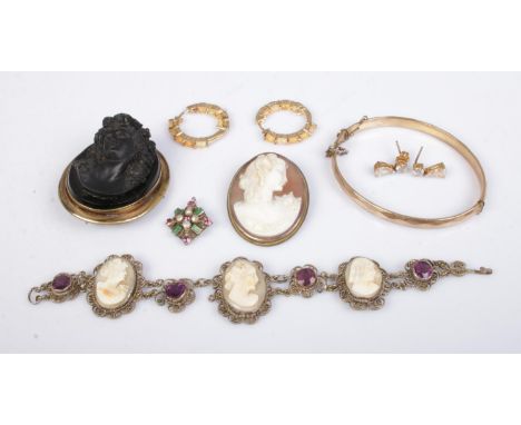 A small quantity of jewellery to include 9ct rolled gold bangle, silver earrings, silver cameo brooch and small collection of