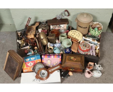 A large quantity of mixed collectables including ceramic figures, large stoneware breadbin, Sadler jugs, Poole Pottery, bello