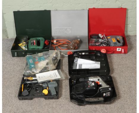 A good collection of cased power tools to include Black and Decker Heatgun, Tooltec Soldering Kit, Black and Decker D520, etc