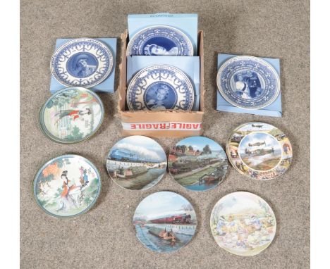 A box of ceramic cabinet plates. Includes boxed Wedgwood examples, Imperial Jingdezhen examples, Royal Doulton Local Heroes, 