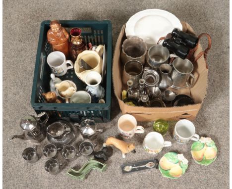 Two boxes of miscellaneous. Includes Minton bowl, Mappin &amp; Webb silver plated items, Mikado silver lustre coffee set, Car