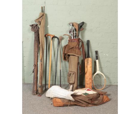 A large quantity of vintage sporting equipment including gold clubs and bag, cricket bat and kit, Cambridge Craftsmen tennis 