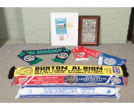 Assorted football scarves, Football League Cup Final programme and ticket from 1980 and Ogdens Cigarettes steeplechase cards.