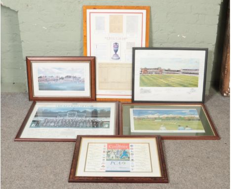 A collection of cricketing prints and montages, some signed. To include The Birth of The Ashes framed set with reproduction b