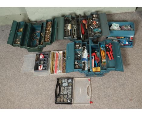 A good collection of metalwork and electronic supplies and tools to include brass rods and fittings, spanners, wiring, drill 