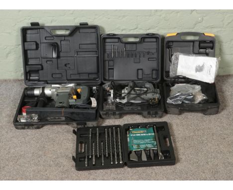 A collection of cased Power G power tools to include Rotary Tool, Palm Sander and Hammer Drill with collection of bits and ch
