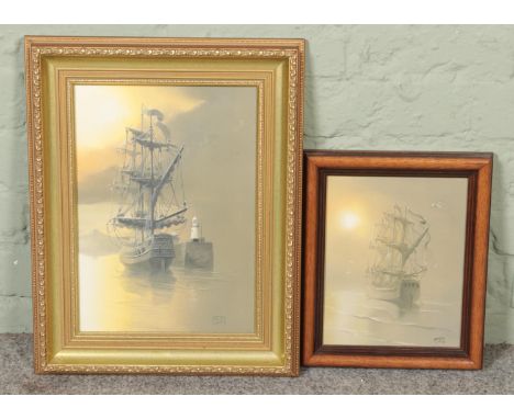 I Guy (unknown); two framed oil on canvas paintings depicting similar seascape scenes of fishing boats. Largest: 35cm x 25cm.