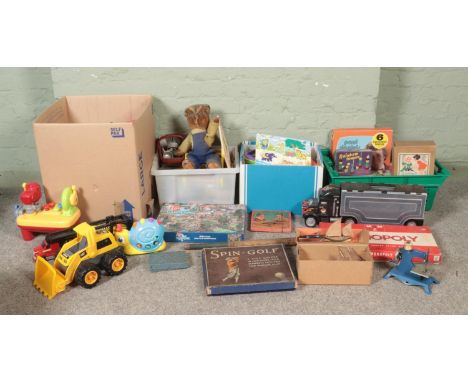 Four boxes of assorted toys and vintage games, to include Monopoly, Spin Golf, miniature model sailboats, 'The School Prize' 