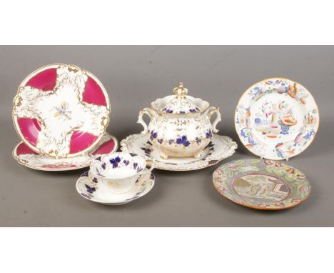 A collection of mainly Nineteenth Century pottery, to include Rockingham cup and saucer and similar sucrier, Rose Jar pattern