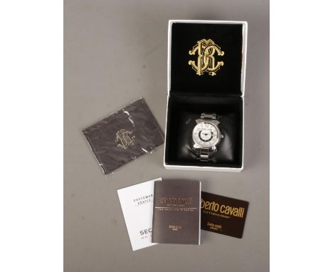 A boxed Roberto Cavalli men's automatic wristwatch featuring date marker. Includes Roberto Cavalli card wallet, instruction m