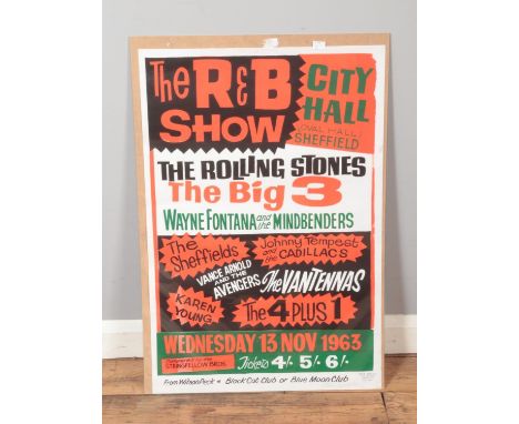 A reproduction Colin Duffield poster for Sheffield City Hall 13th November 1963 featuring The Rolling Stones, Wayne Fontana a