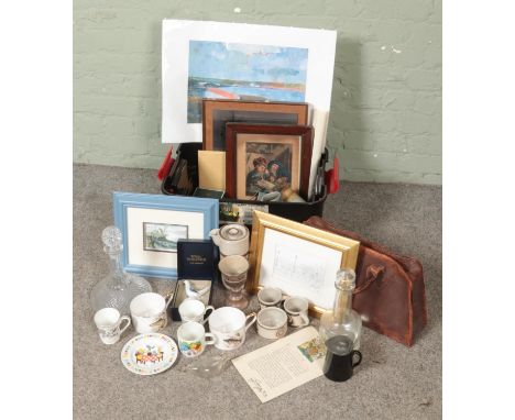 A box of miscellaneous. Includes Royal Worcester pie funnel, The Misers antique print, studio pottery, Minton,  