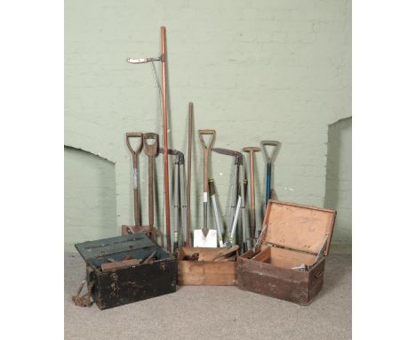 A quantity of assorted tools, mainly gardening. To include loppers, spades forks and a chest containing wood planes.  