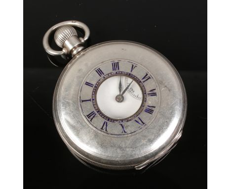 A silver half hunter pocket watch assayed Birmingham 1920 Dennison Watch Case Co. Face having faded stamp stating Barnsley Br