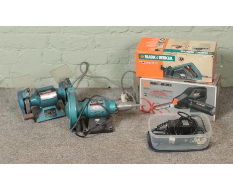 A collection of Clarke Metalwork and Black and Decker power tools to include Powerfile, Planer, 5" Bench Grinder and 6" Bench