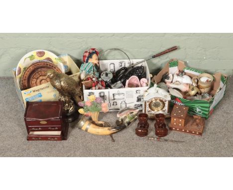 Three boxes of mixed of collectables including a vintage puppet, eagle figurine, novelty cigarette dispenser, ceramic fish an