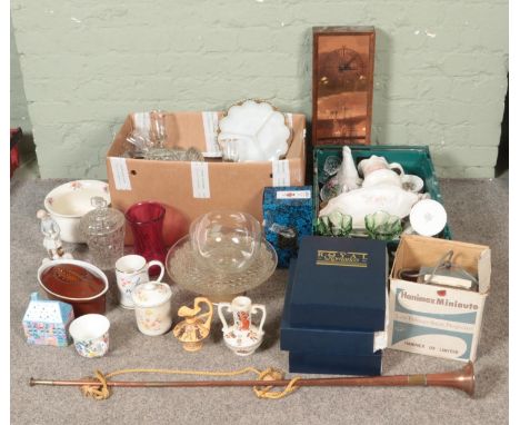 Two boxes of miscellaneous to include copper bugle horn, three volumes of Royal Romances, assorted glassware, chicken tureen,