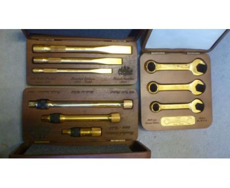 Ten Mac Tools Limited Edition (U.S.A.) gold plated metal tool sets, presentation boxes, eight with outer boxes, G-E
