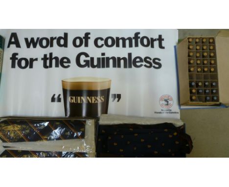 Approximately thirty six Guinness ties, a box of thirty nine Guinness and Harp Lager miniatures, and a quantity of Guinness b