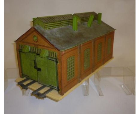 Hornby Trains two road engine shed for clockwork track, some rusting, damage to doors, one roof vent missing, P