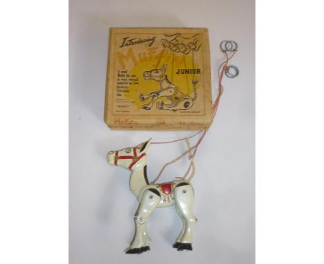 A "Muffin Junior" die cast string puppet of Muffin the Mule by Moko, 5 1/2" long, boxed