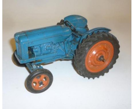 A Chad Valley Fordson Major Tractor, diecast, clockwork (AF), dark blue, orange hubs, rubber tyres, hinged bonnet, 7" long, b