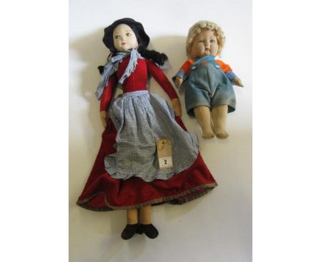 A Norah Wellings costume doll in Welsh national dress, with black felt hat, red velvet stitched bodice and skirt and blue gin