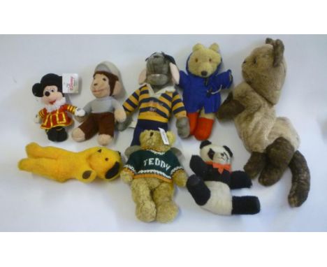 Eight various soft toys; Sooty and Sweep by Wendy Boston (2), Curious George (musical), Disney, Farnell Alpha, Salco Little M