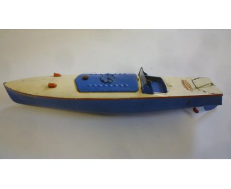 A Hornby speedboat "Gannet", tinplate clockwork motor, white/blue deck and hull, with transfer, 18" long, no box