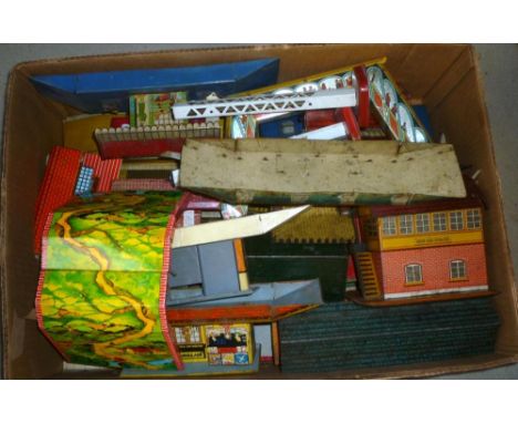 Trackside accessories by Brimtoy, Chad Valley and others including stations, signal box, tunnel and signals, some damage and 