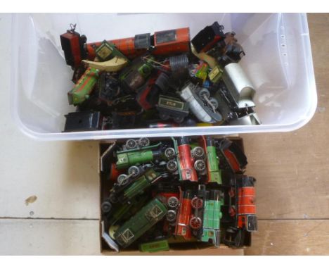 Playworn clockwork locomotives and rolling stock by Brimtoy, Chad Valley and Hornby including MO, locomotives, streamline tra