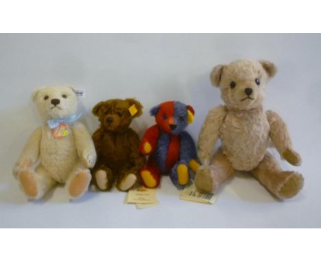 Three Steiff replica bears comprising "1953 Replica" in white plush, 9 1/2" high, bagged and boxed, "Harlequin Bear" in red a