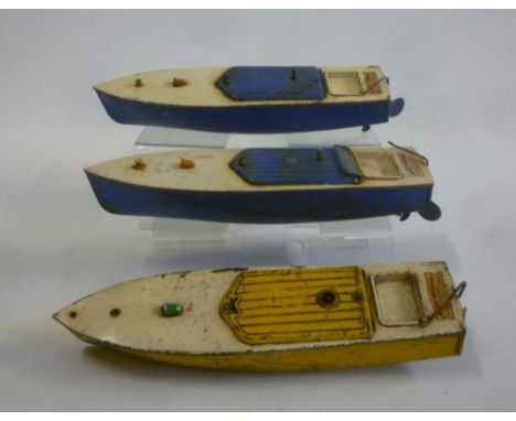 Three Hornby speedboats, tinplate, clockwork, cream decks, blue or yellow hulls, 13 1/2" long