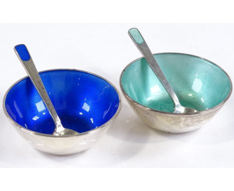 A pair of Danish sterling silver and coloured enamel salts with matching spoons, by Anton Michelsen, diameter 5cm 