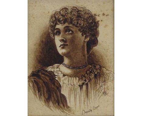 A 19th century pen and ink portrait of the actress Dorothy Dene, signed with monogram, inscribed verso, 8" x 6", framed 