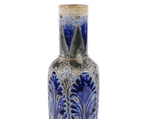 A Martin Brothers Fulham Pottery narrow-necked vase, incised blue and green leaf decoration, incised signature R W Martin Ful