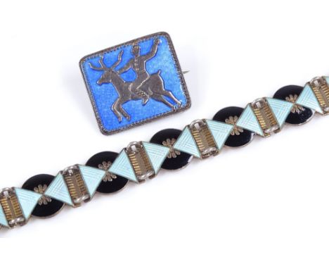 A Norwegian Art Deco style silver-gilt enamel bracelet, stamped Norge, length 175mm, together with a Norwegian silver and blu
