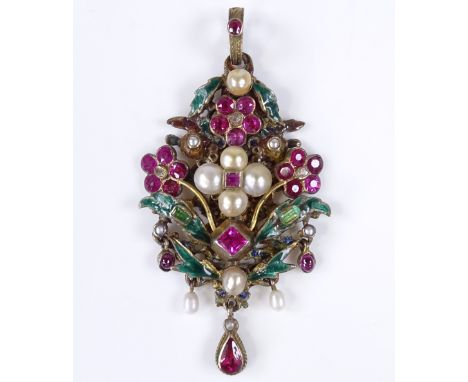 An Austro-Hungarian floral design pendant, set with rubies, emeralds and pearls, and  coloured enamel on both sides, unmarked
