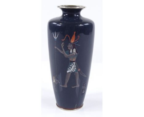 A Japanese cloisonne enamel vase, decorated with a standing figure and monkey, height 15cm 