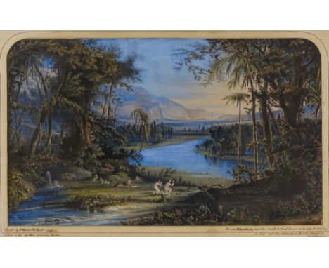 R Walker after J Rawson, 19th century hand coloured lithograph, Adam and Eve at their morning orisons, 13" x 22", framed 