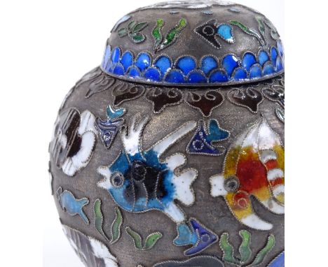 A Japanese white metal and cloisonne enamel jar and cover, with tropical fish design, height 10cm 