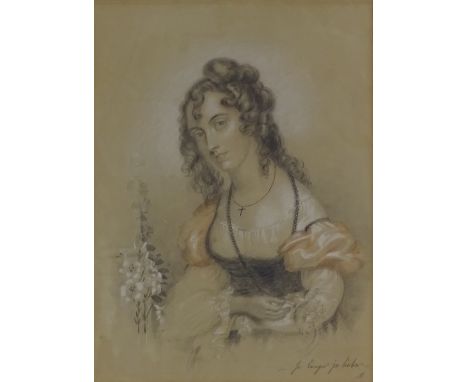 A 19th century watercolour / pastel, portrait of a woman, indistinctly signed, 13" x 9", framed 