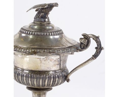 A French Empire silver 2-handled urn, with eagle finial and centurion handles, height 16cm, 7.8oz 