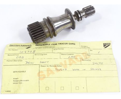 A Singapore Airlines Concorde drive shaft, with repair ticket, last flew Queen's Jubilee Flypast 4/6/02 