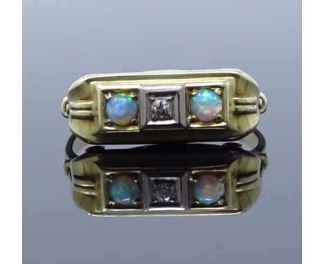 A 14ct gold 3-stone opal and diamond dress ring, setting height 7mm, size O, 2.7g 