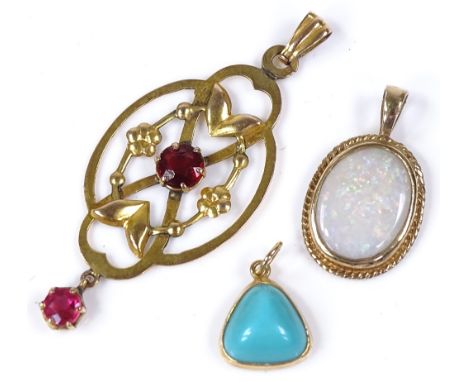 3 Edwardian stone set gold pendants, including opal and turquoise, 3.9g total 