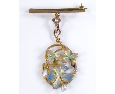 An Edwardian 9ct gold pearl and coloured enamel stylised pendant brooch, with openwork iris body and baroque pearl drops, on 