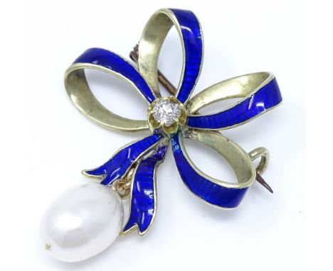 A yellow metal pearl, diamond and blue enamel ribbon brooch, height 34.8mm, 5.1g 