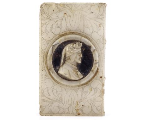 A 19th century black marble paperweight, inset with a band of specimen hardstone, diameter 10cm, and a 19th century alabaster